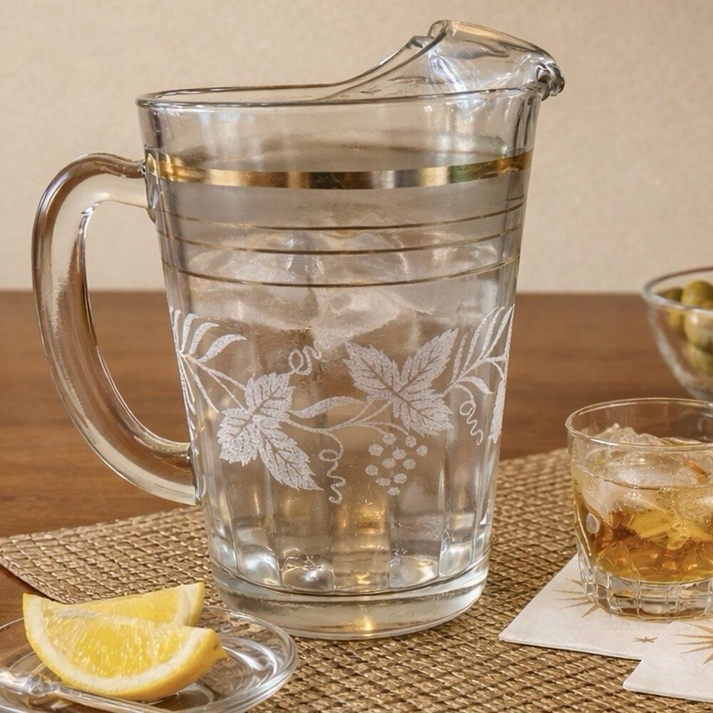 Vintage Glass Pitcher Bartlett Collins Etched Gold Rim MCM Barware Ice Lip 50’s